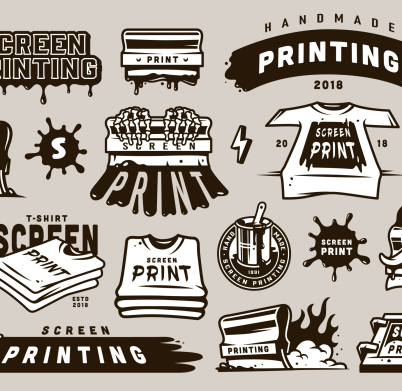 Big collection of screen printing elements with industrial equipment paint blots letterings shirts in vintage monochrome style isolated vector illustration